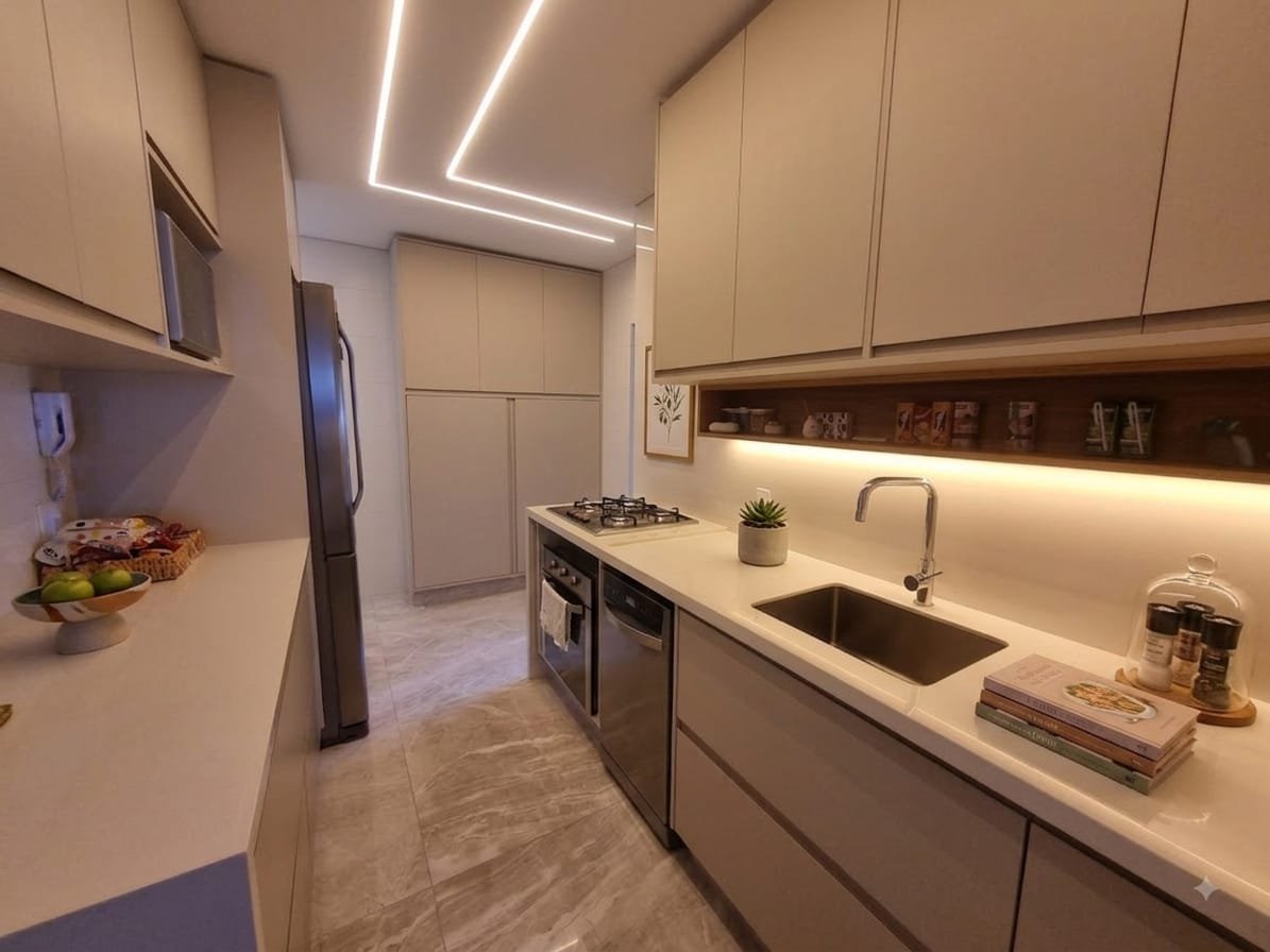 Cozinha Novais compacta com armários claros e nicho iluminado