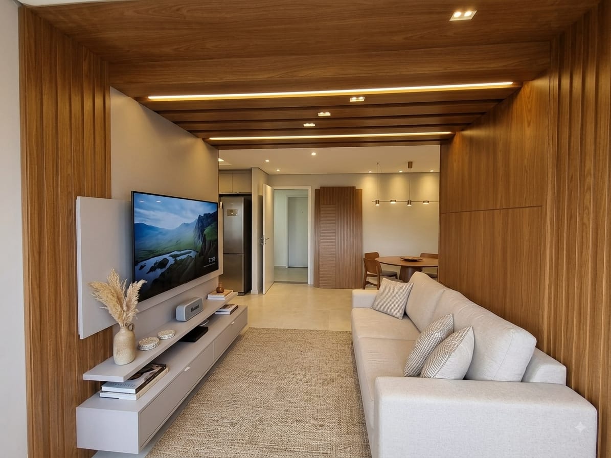 Projeto Novais: sala integrada com marcenaria em madeira, painel de TV e iluminação embutida