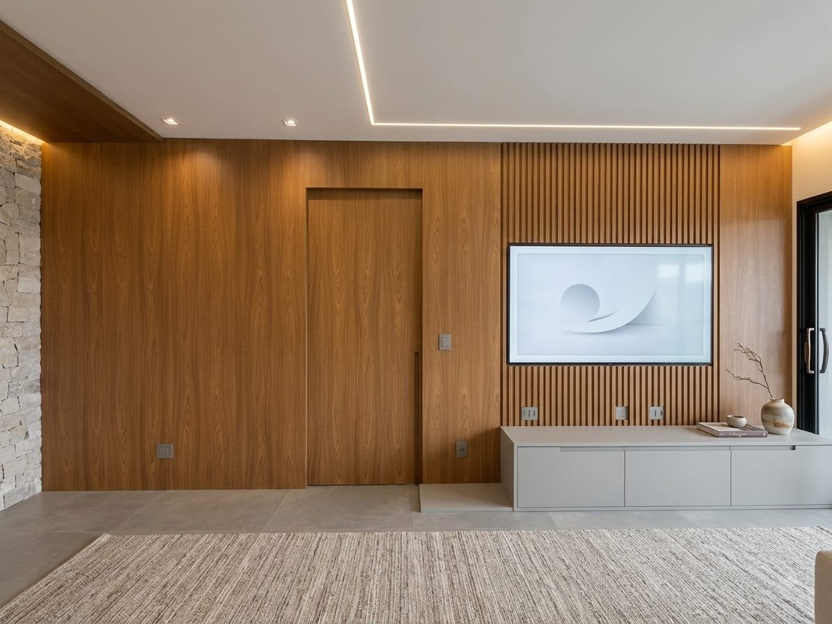 Living Novais com painel amadeirado, ripado e rack suspenso claro